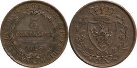 Regno di Sardegna, Carlo Felice (1821-1831). 3 centesimi 1826 Torino. Cu, gr. 5,90. Pagani 130. Ottimo SPL

SPL
