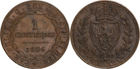Regno di Sardegna, Carlo Felice (1821-1831). 1 centesimo 1826 Torino. Cu, gr. 1,97. Pagani 133. Ottimo SPL P in ovale. Interessanti tracce di ribattit...