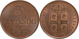 Regno di Sardegna, Carlo Alberto (1831-1849). 3 centesimi 1842 Torino. Cu, gr. 2,96. Pagani 335. Conservazione insolita presenta molti riflessi di ram...