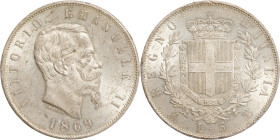 Regno d'Italia, Vittorio Emanuele II (1861-1878). 5 lire 1869 Milano. Ar, gr. 25. Pagani 489. q.FDC.

QFDC