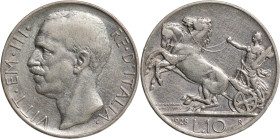 Regno d'Italia, Vittorio Emanuele III (1900-1946). Da 10 lire 1928 Biga 2 rosette. Pagani 693a. Gig. 57a Molto rara.

BB