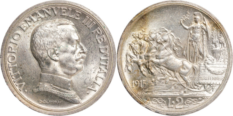 Regno d'Italia, Vittorio Emanuele III (1900-1946). 2 lire 1915 Quadriga. Ar, gr....