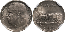 Regno d'Italia, Vittorio Emanuele III (1900-1946). 50 Centesimi 1925 Leoni bordo liscio. NI. Concerto. 170. Conservazione eccezionale. NGC MS 65 FDC
...