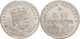 Colonia Eritrea, Umberto I (1878-1900). 50 centesimi 1890. Ar, gr. 2,57. Pagani 637. SPL. Sigillata Moruzzi.

SPL