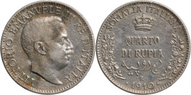 monetazione per la Somalia, Vittorio Emanuele III (1900-1946) Quarto di Rupia 1910 Roma. Pag. 971 MIR 1177a Ag g 2,92 Rara BB/SPL

BB/SPL