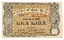 Cartamoneta Italiana, Biglietto fiduciario Banca Mutua Popolare di Bergamo bono di 1 lira 1869-1874 Gavello 06.0430.9 R3

BB/SPL
