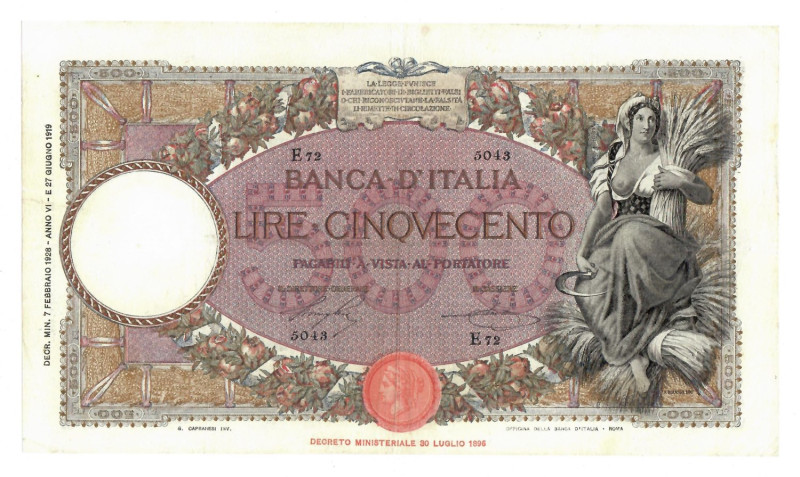 Regno d'Italia, Banca d' Italia V.Emanuele III (1900/1943) 500 lire 07/02/1928 B...