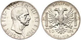 Albania Vittorio Emanuele III 1939 R Silver 10 Lek Italian Occupation WWII Extremely fine, lustruous