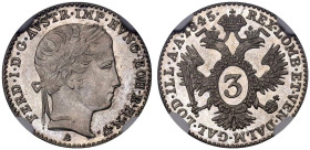 Austria: Empire Ferdinand I 1845 A Silver 3 Kreuzer NGC MS66