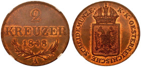 Austria: Empire 1848 A Copper 2 Kreuzer NGC MS63 RB