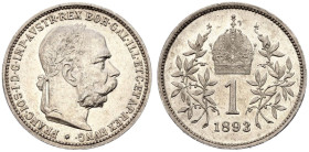 Austria Franz Joseph I 1893 Silver 1 Corona Good extremely fine with the prooflike reverse & minor hairlines on obverse; Rare condition!