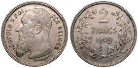 Belgium Leopold II 1909 Silver 2 Francs Extremely fine