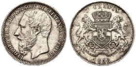 Congo: Belgian Leopold II 1896 Silver 5 Francs About extremely fine