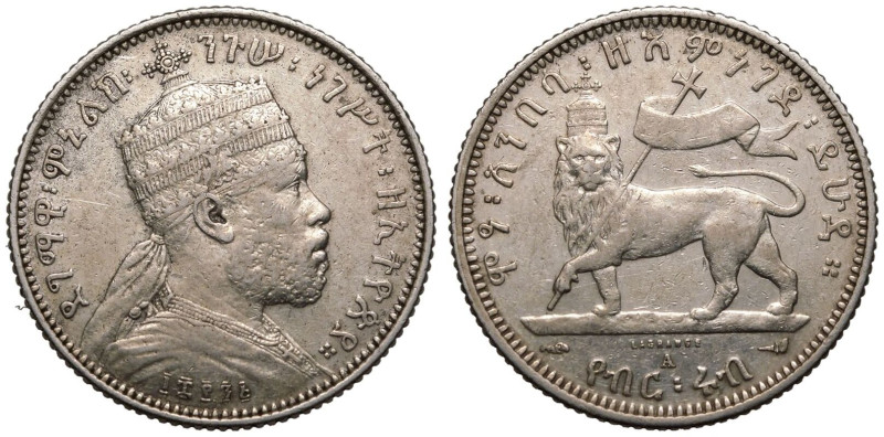 Very fine | ETHIOPIA. Menelik II. 
Silver 1/4 Birr, 1895 (1903) A. Paris. 
Obv...