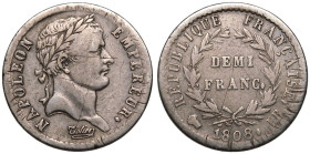 France Napoleon I 1808 BB Silver 1/2 Franc Good fine, adjustment marks