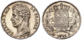 France Charles X 1826 Silver 1 Franc Good extremely fine with a beautiful patina and mint luster. Rare in this condition