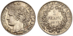France Ceres 1872 Silver 1 Franc Good extremely fine with full mint luster & beautiful toning. With a small scratch