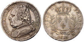 France Louis XVIII 1815 Silver 5 Francs Extremely fine and better with a nice patina. Very rare coin!