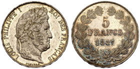 France Louis Philippe I 1847 Silver 5 Francs Good extremely fine with a beautiful patina; With minor hairlines