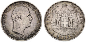 Greece: Crete George 1901 Silver 5 Drachmai Good very fine-