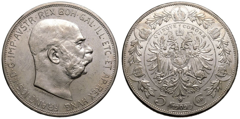 Mint state | HUNGARY. Franz Joseph I, 1848-1916. 
Silver 5 Korona, 1909 KB. Kre...