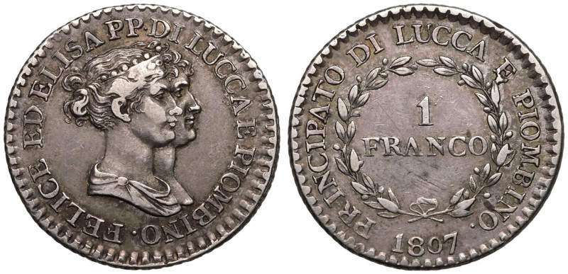 Very fine | ITALY. LUCCA. Felice Baciocchi and Elisa Bonaparte. 
Silver 1 Franc...