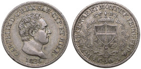 Italy: Sardinia Carlo Felice 1826 L Silver 50 Centesimi Extremely fine, toned