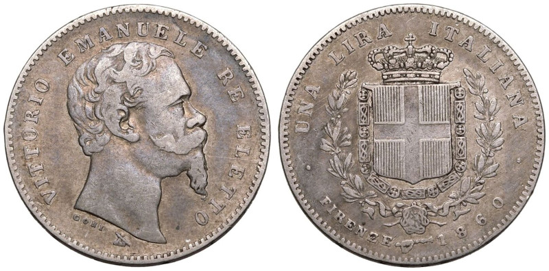 Fine | ITALY. EMPIRE. Vittorio Emanuele I. 
Silver 1 Lire, 1860-FIRENZE. Floren...