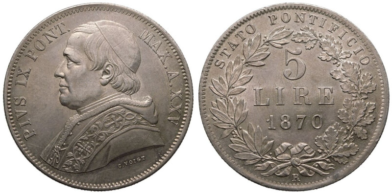 Good extremely fine | ITALY. PAPAL STATES. Pius IX, 1846-78. 
Silver 5 Lire (5)...