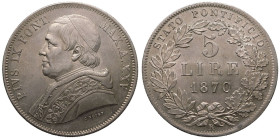Italy: Papal States Pius IX 1870 R Silver 5 Lire (5) Good extremely fine