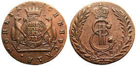 Russia: Siberia Ekaterina II 1779 KM Copper 5 Kopecks Extremely fine