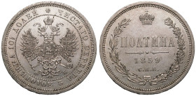 Russia: Empire Alexander II 1859 СПБ ФБ Silver Poltina Extremely fine with good lustre