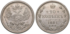 Russia: Empire 1881 СПБ НФ Silver 20 Kopecks About extremely fine