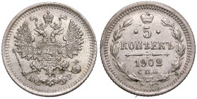 Russia: Empire Nicholas II 1902 СПБ АР Silver 5 Kopecks Good extremely fine