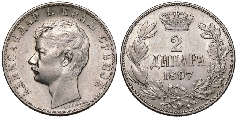Extremely fine | SERBIA. Alexander. 
Silver 2 Dinara, 1897 V. 
Obv.: МИЛАН I К...