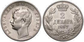 Serbia Alexander 1897 V Silver 2 Dinara Extremely fine