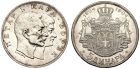 Serbia Petar I 1904 Silver 5 Dinara extremely fine with mint luster, first strike
