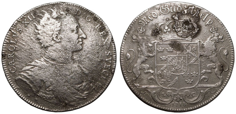 Severely damaged, ex-mount | SWEDEN. Karl XII, 1697-1718. 
Silver Riksdaler, 17...