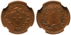 Switzerland 1891 B Bronze 1 Rappen Thin Cross NGC AU 58 BN