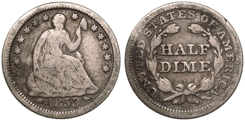 Very good, bent | UNITED STATES. 
Silver Half Dime, 1853. Philadelphia. 
arrow...