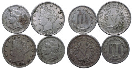 United States 1868-1908 Cupro-Nickel Lot of 2x 3 Cents and 2x 5 Cents