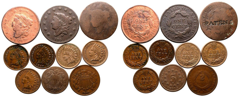 UNITED STATES. 
Lot of 10 coins, Including 2x cupro-nickel 1 cents 1860, 2 cent...