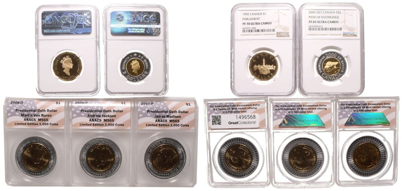 US & CANADA. 
Lot of 5 graded coins, 1992-2008. 
3x Presidential oath dollars...