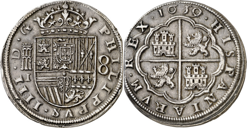 1659/32. Felipe IV. Segovia. I. 8 reales. (AC. 1622 var). Rara. 27,25 g. MBC+.