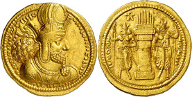 * Imperio Sasánida. Shapur I (240-271 d.C.). Ctesiphon. Dinar. (Göbl 21). Anv.: Su busto con corona mural, encima globo, leyenda persa alrededor. Rev....