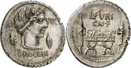 (hacia 63 a.C.). Gens Furia. Denario. (Bab. 23) (S. 23a) (Craw. 414/1). Anv.: BROCCHI III VIR. Cabeza de Ceres coronada de espigas, entre espiga y gra...