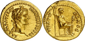 (después 16 d.C.). Tiberio. Áureo. (Spink 1760) (Co. 15) (RIC. 25) (Calicó 305d). Anv.: TI. CAESAR DIVI AVG. F. AVGVSTVS. Su cabeza laureada. Rev.: PO...
