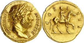 * (125-127 d.C.). Adriano. Áureo. (Spink 3386) (Co. 406) (RIC. 781) (Calicó 1215a). Anv.: HADRIANVS AVGVSTVS. Su busto laureado. Rev.: COS. III. Adria...
