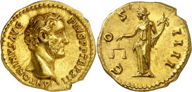 * (148-149 d.C.). Antonino pío. Áureo. (Spink 4003 var) (Co. 237) (RIC. 177) (Calicó 1498a). Anv.: ANTONINVS AVG. PIVS P. P. TR. P. XII. Su cabeza des...