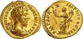 * (165 d.C.). Marco Aurelio. Áureo. (Spink 4865) (Co. 479) (RIC. 136) (Calicó 1897). Anv.: M. ANTONINVS AVG. ARMENIACVS. Su busto laureado, drapeado y...